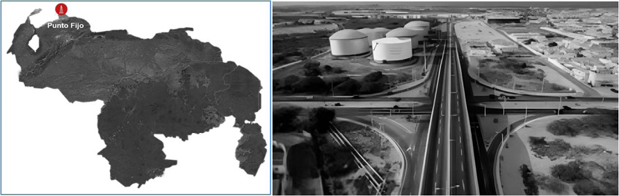 C:\Users\Alexis Romero S\OneDrive\Desktop\Figura 2. Ubicación de Punto Fijo en la Península de Paraguaná en el mapa territorial de Venezuela. Vista aérea de autopista con instalaciones petroleras. Fuente. Andarcia (2025)_ Salas de Gutiérre.jpg